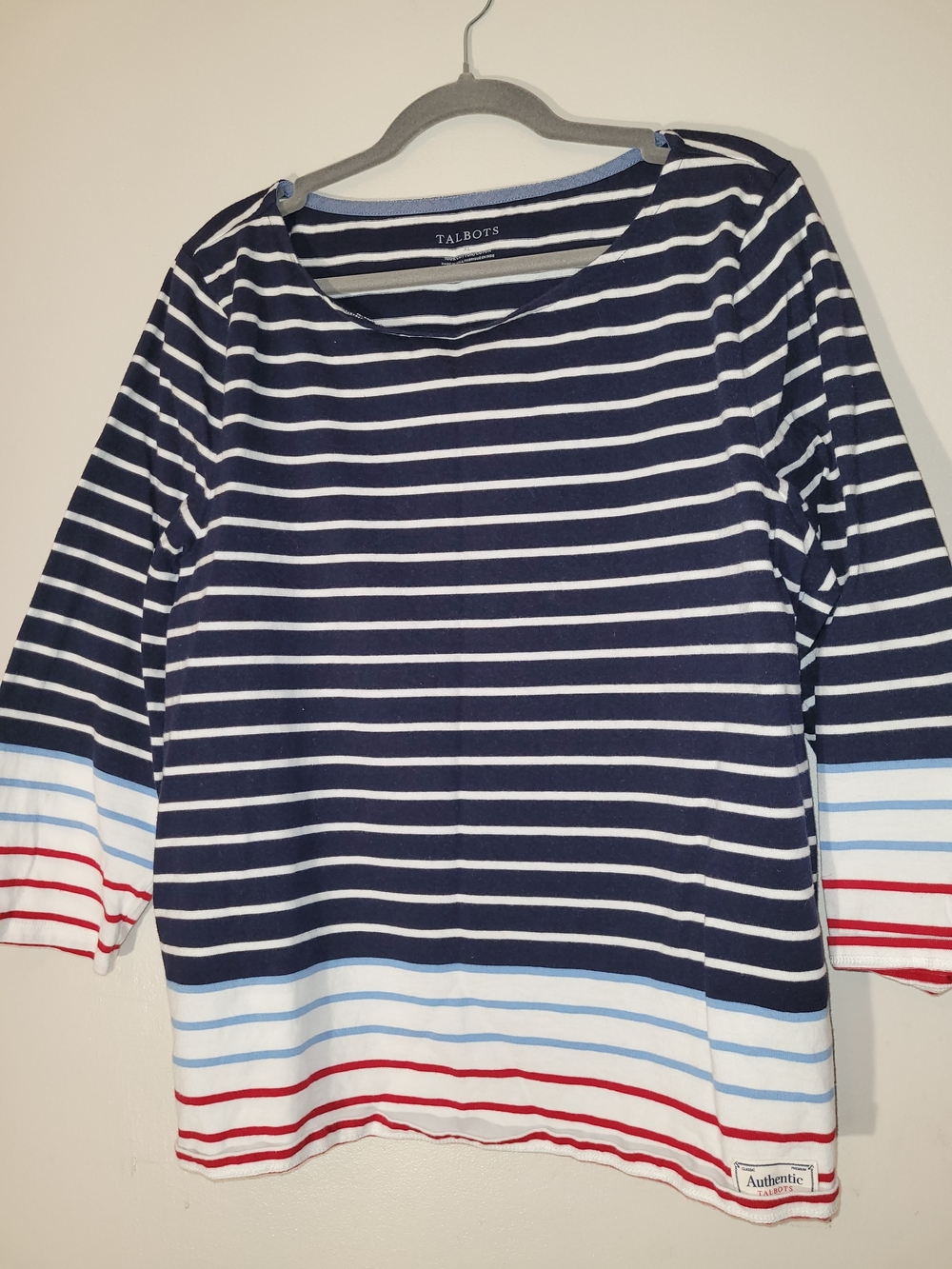 Talbots Navy Striped Long Sleeve Boatneck Top with Red & Light Blue Accents